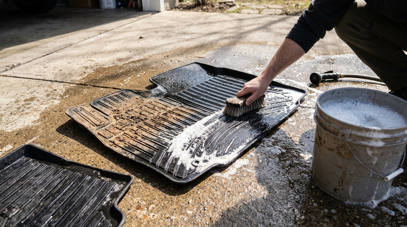 Rubber car floor mats scrubbed with a brush and soapy water on a driveway