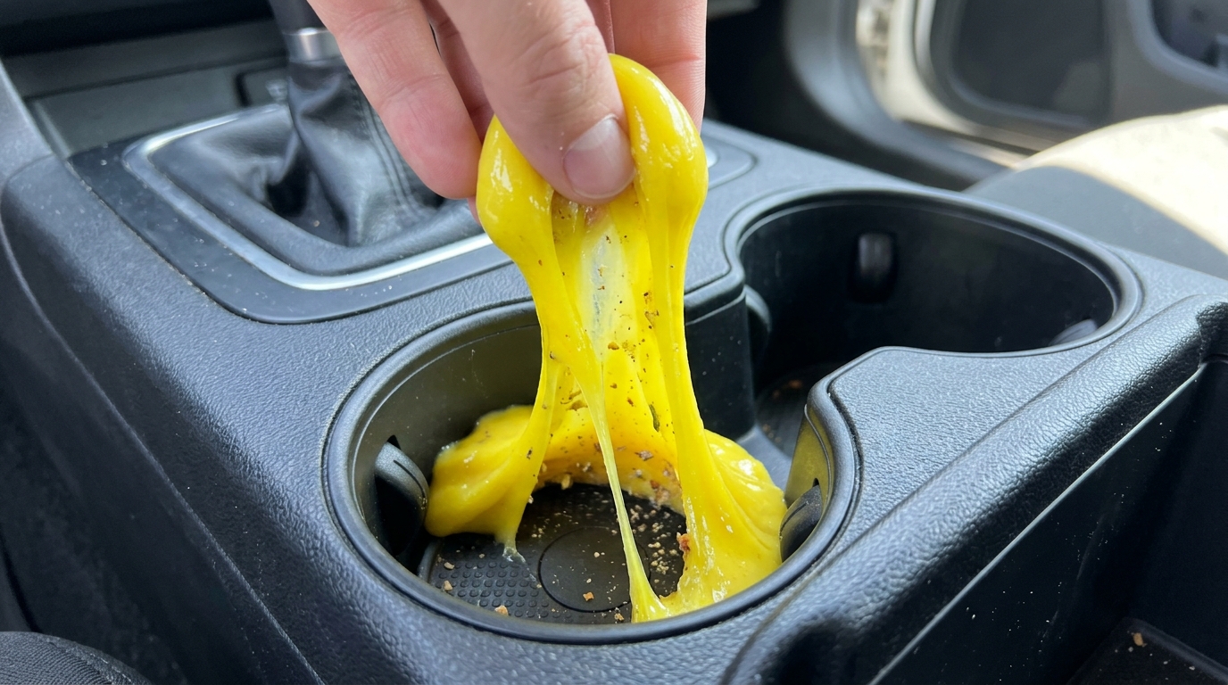 Yellow cleaning putty pulling crumbs out of a car cup holder