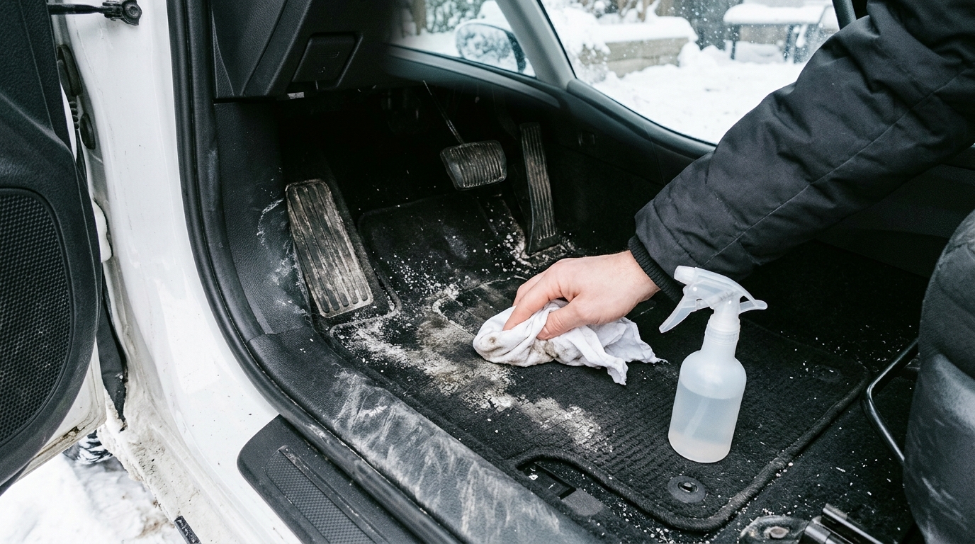 White salt stains on car carpet being blotted with a damp cloth
