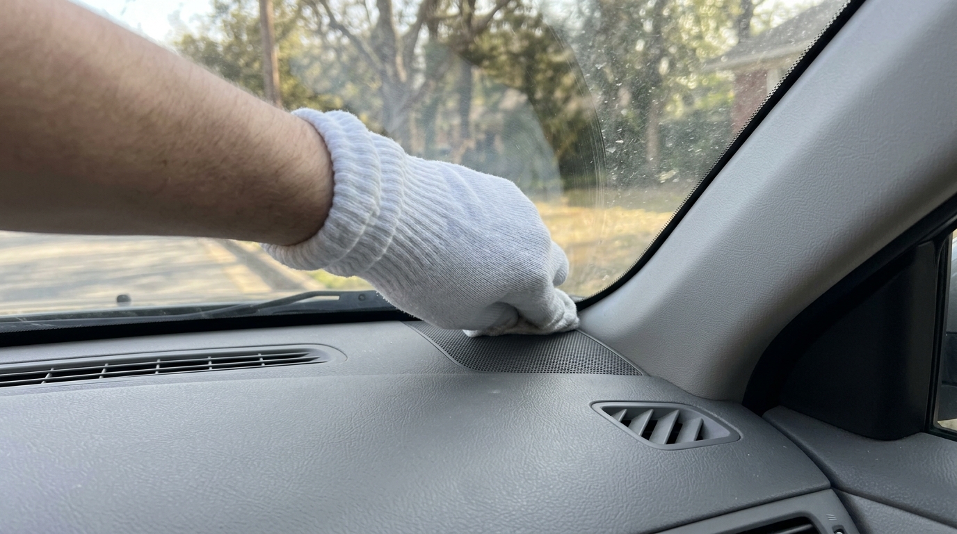 Hand covered with a white cotton sock wiping the low corner of a car windshield