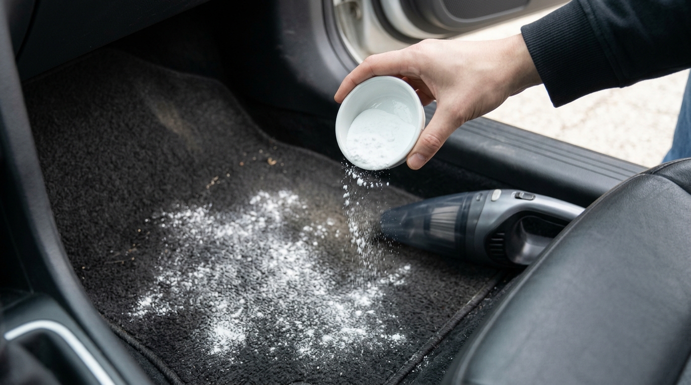 Car cleaning hacks for odors, baking soda sprinkled over dark car carpet