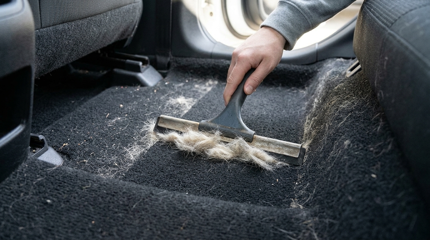 Small rubber squeegee pulling pet hair out of car floor carpet