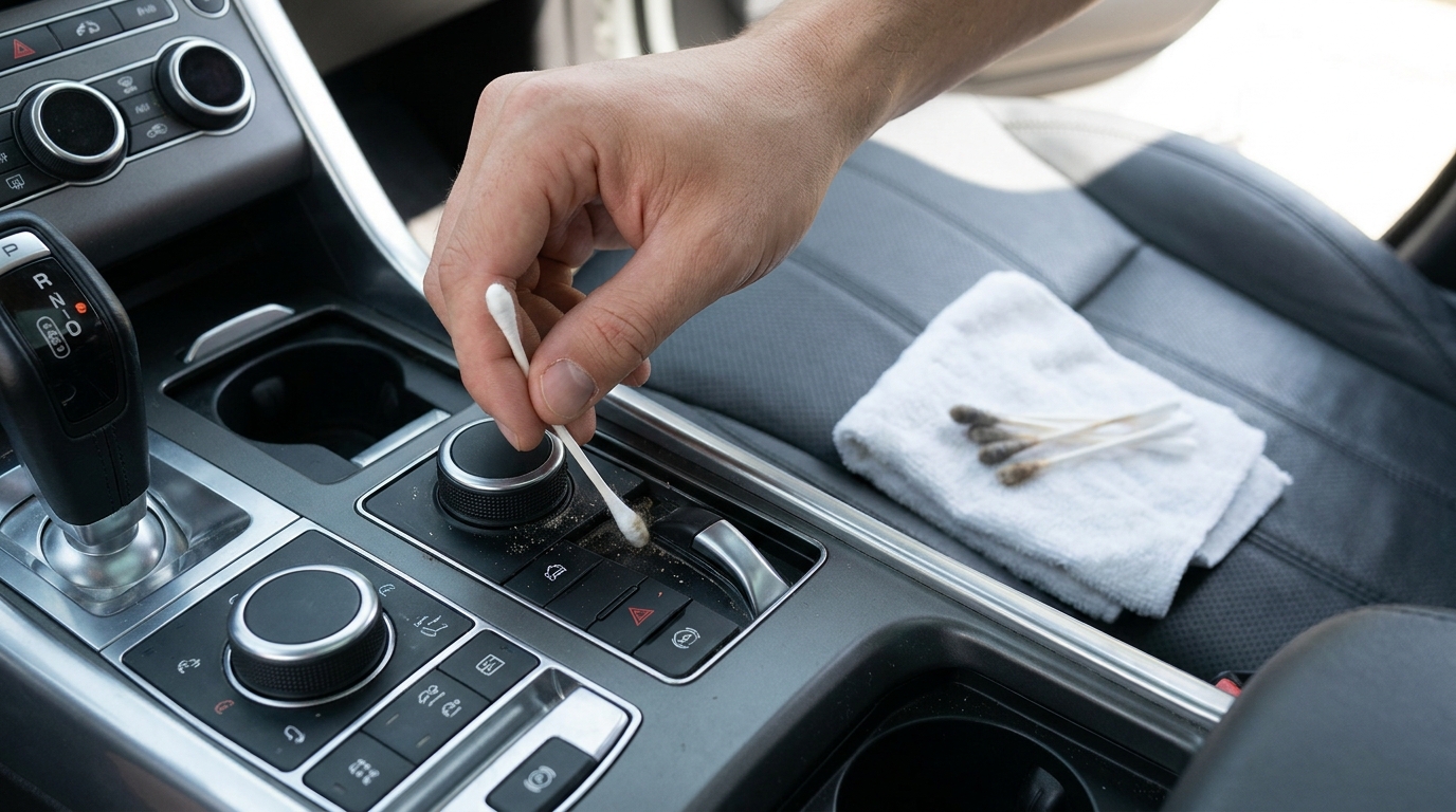 Cotton swabs cleaning dust from buttons and dials on a car console