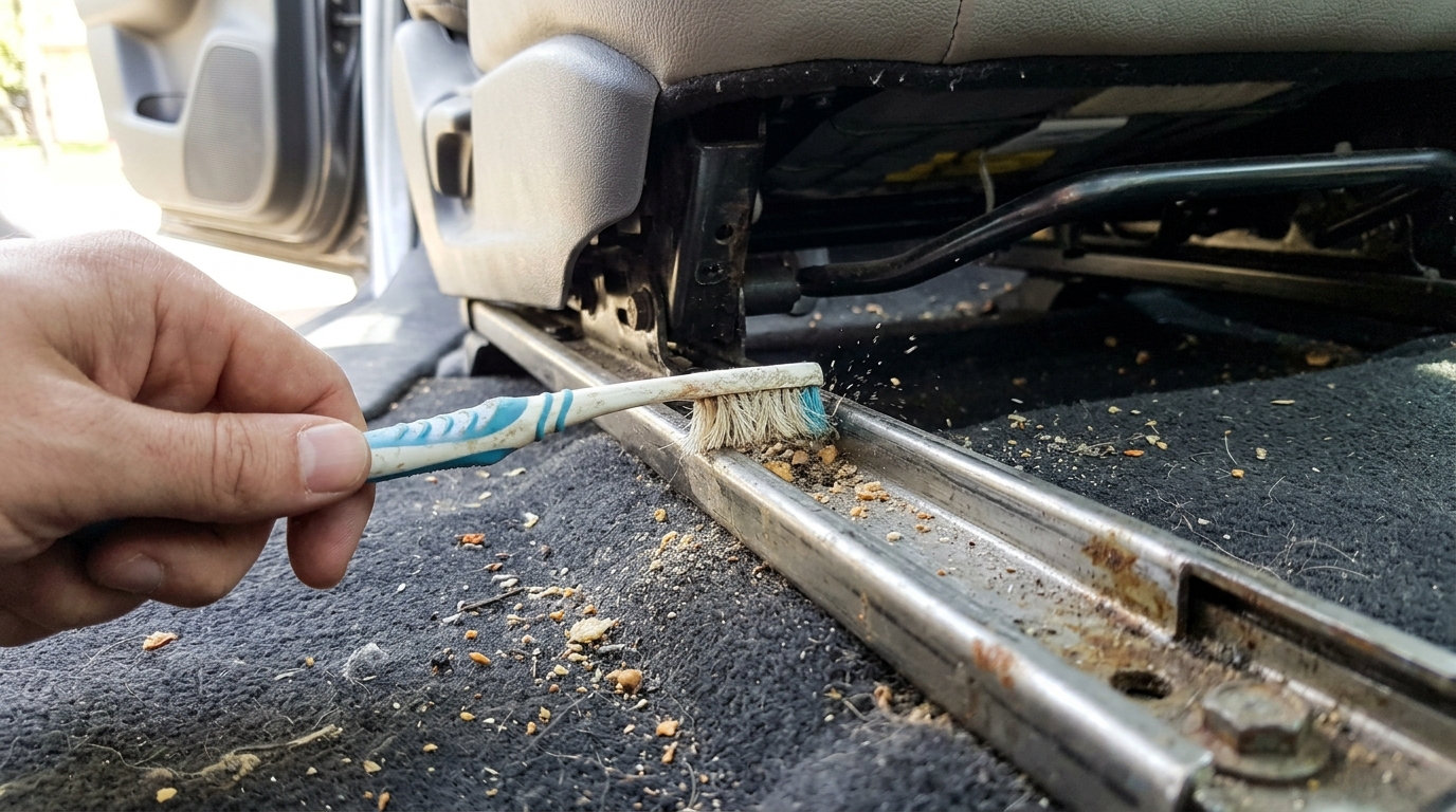 Old toothbrush scrubbing grit from the seat rail track under a car seat