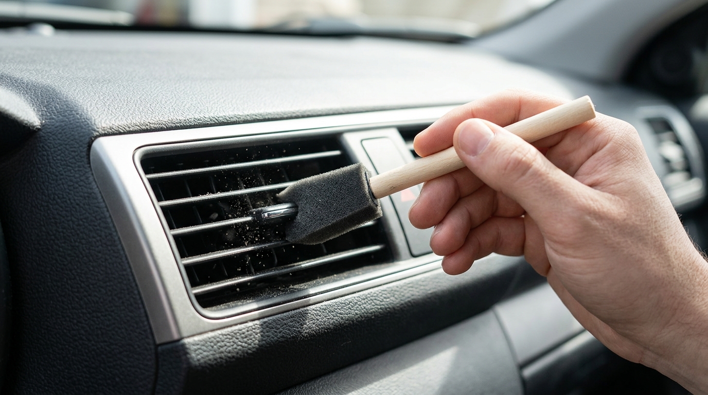 Car cleaning hacks for vents, a dry foam brush sweeping dust from dashboard air vent slats