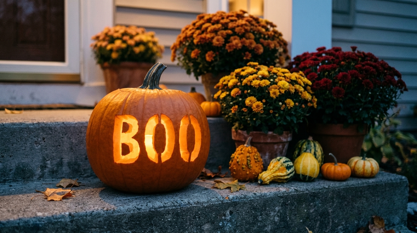 Pumpkin carving ideas BOO letters cut into a glowing pumpkin on front steps