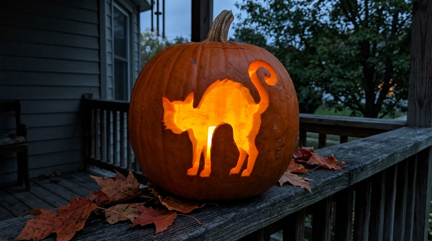 Pumpkin carving ideas black cat with an arched back cut into a glowing pumpkin on a porch rail