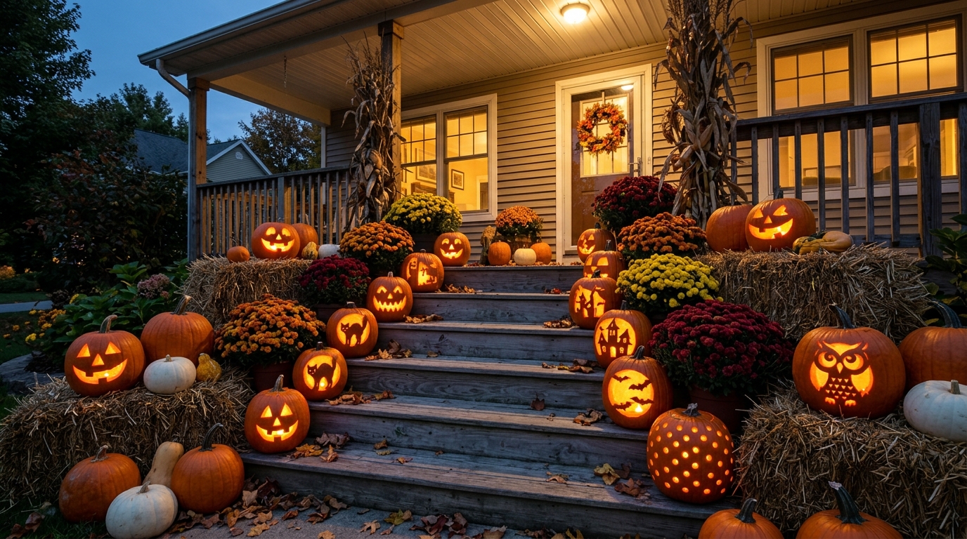 Pumpkin carving ideas glowing on porch steps at dusk with mums, hay and many carved jack o lanterns