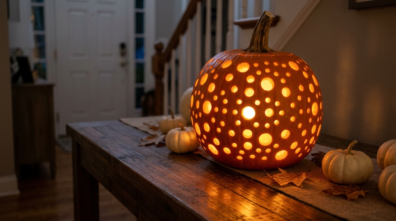 Pumpkin covered in neat drilled holes glowing like polka dots on a table