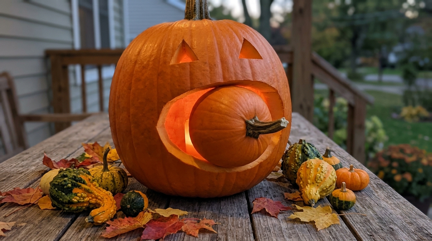 Big carved pumpkin with an open mouth biting into a smaller pumpkin