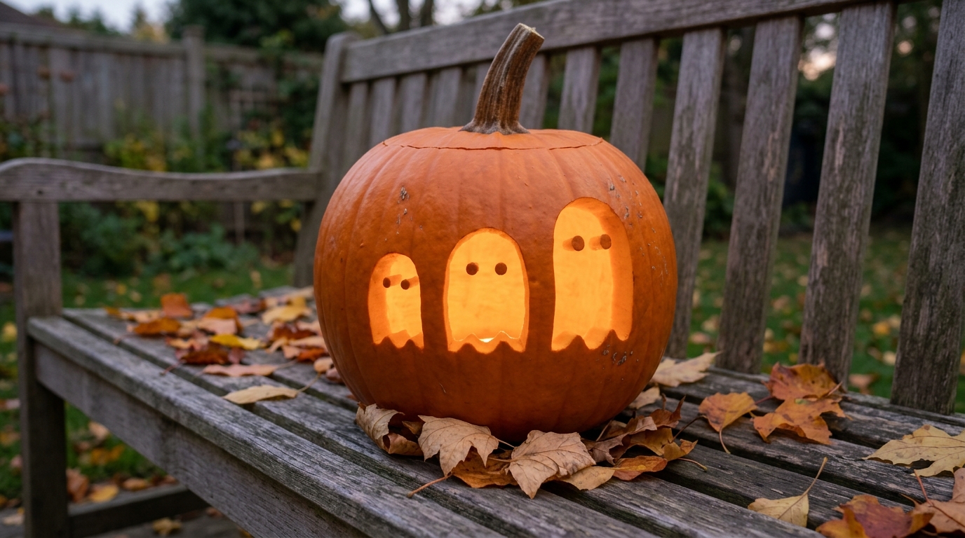 Three small ghost shapes cut into a pumpkin glowing on a wooden bench