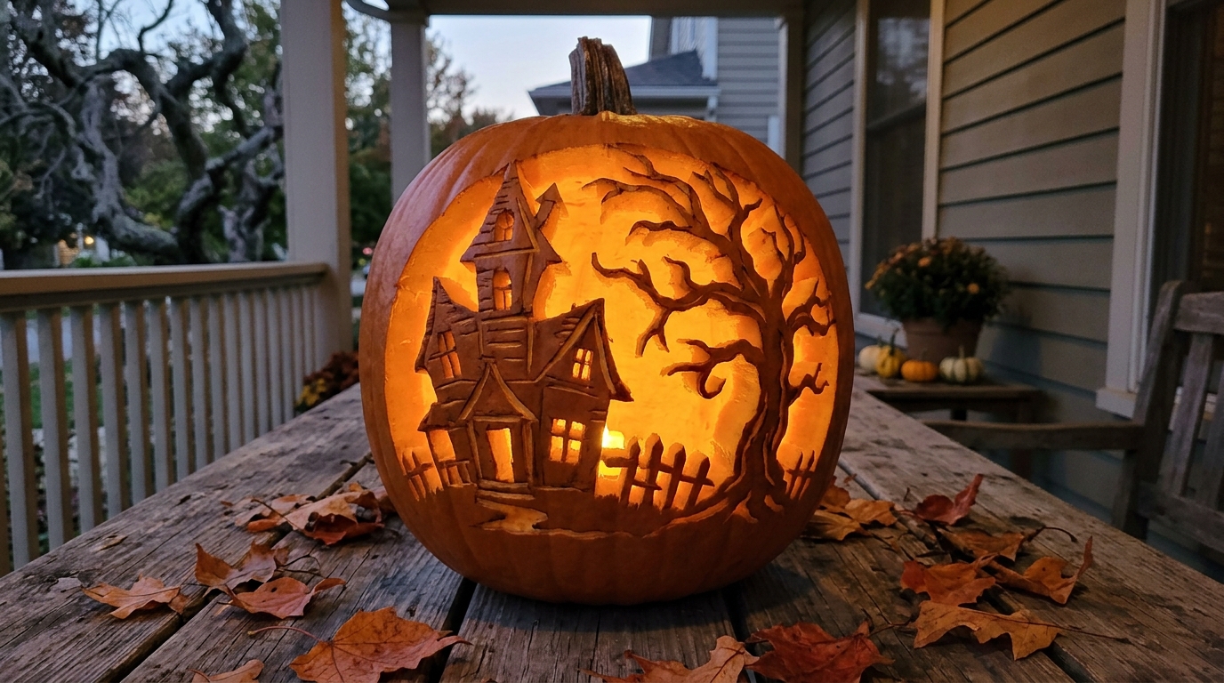 Carved pumpkin with a haunted house, a bare tree and a little fence glowing orange