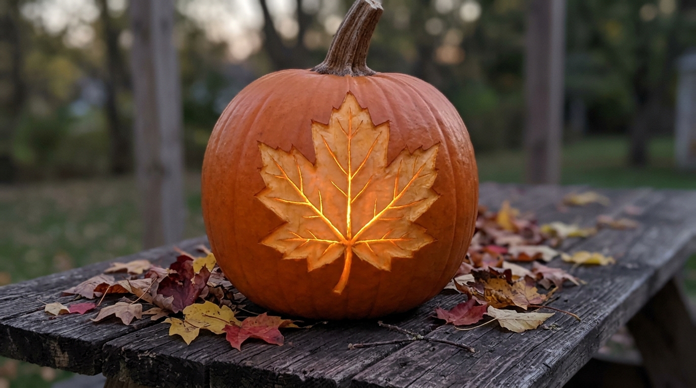Pumpkin carving ideas etched leaf design shaved into the skin of a pumpkin