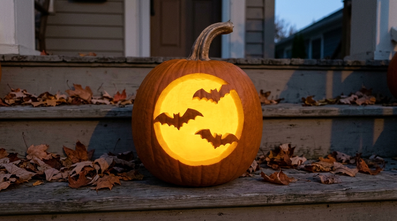 Pumpkin carving ideas full moon with three bats glowing yellow on porch steps