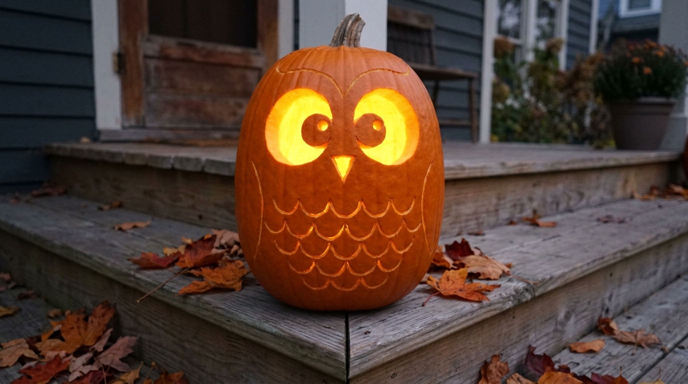 Carved owl face pumpkin with big round eyes and feather details on a porch