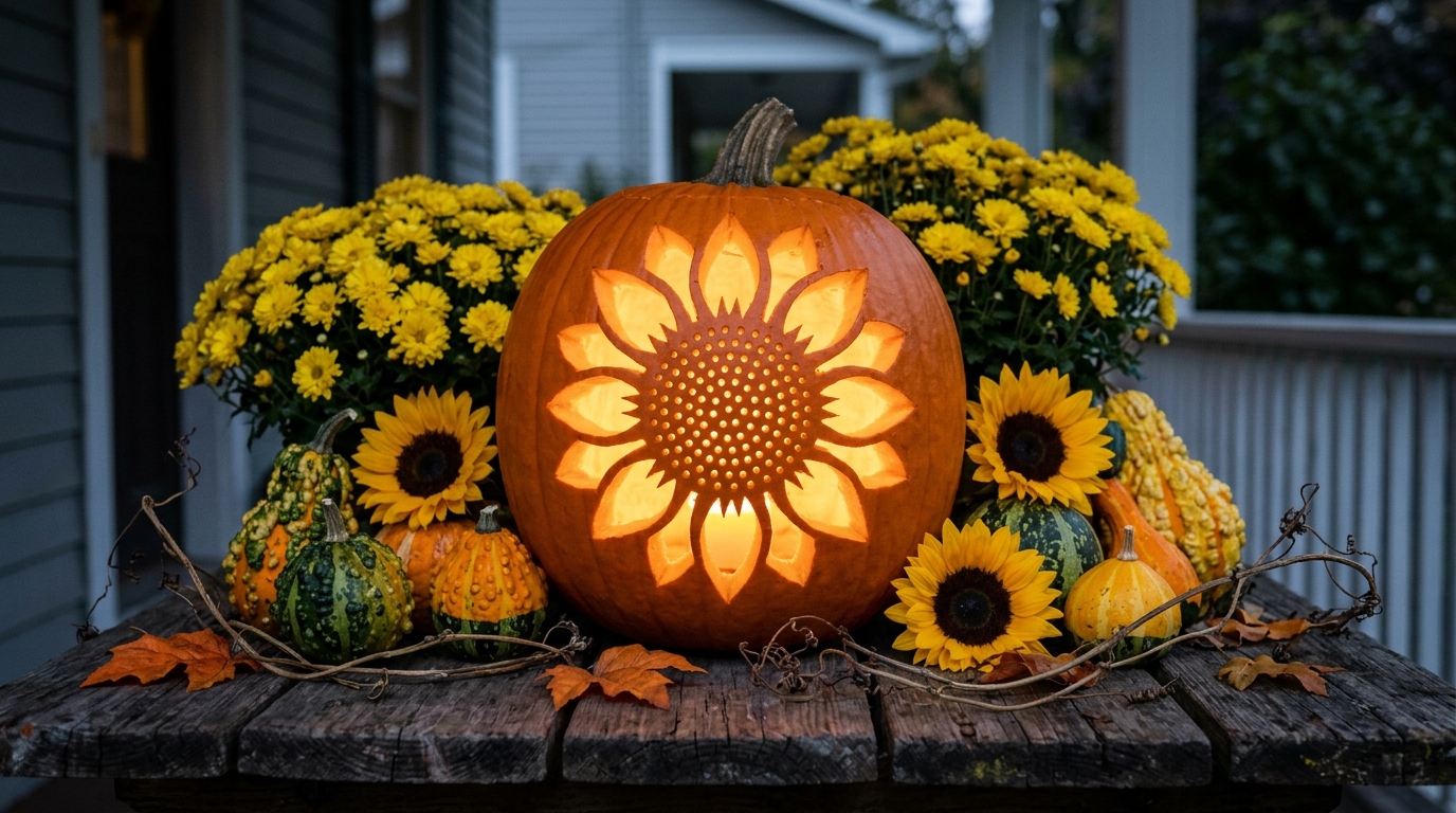 Sunflower pattern carved into a pumpkin among fall flowers and gourds