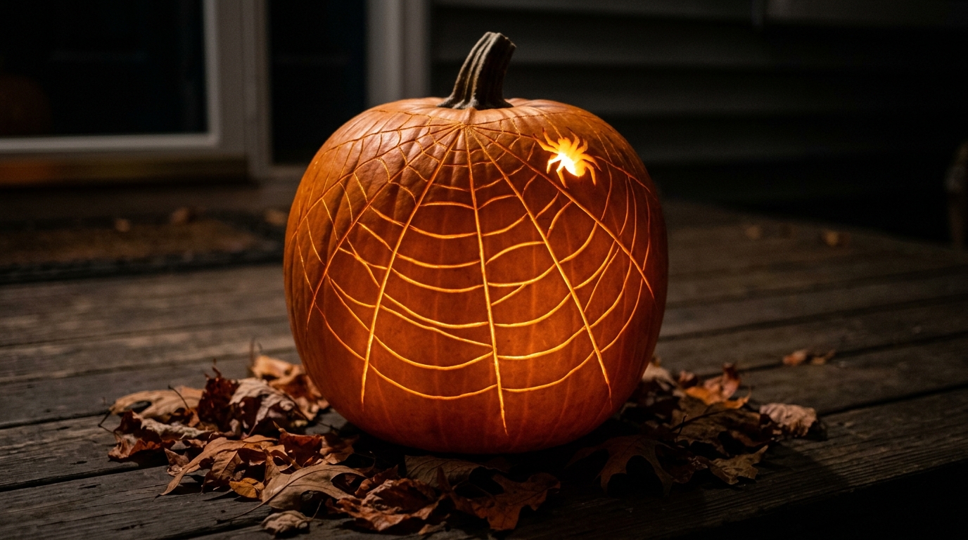 Spider web pattern etched into a pumpkin with a small spider near the top