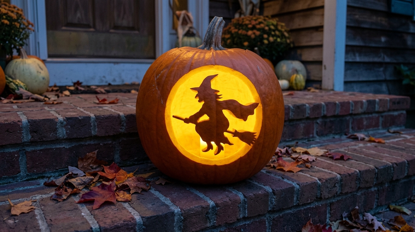 Pumpkin carving ideas witch on a broom silhouette flying across a glowing moon