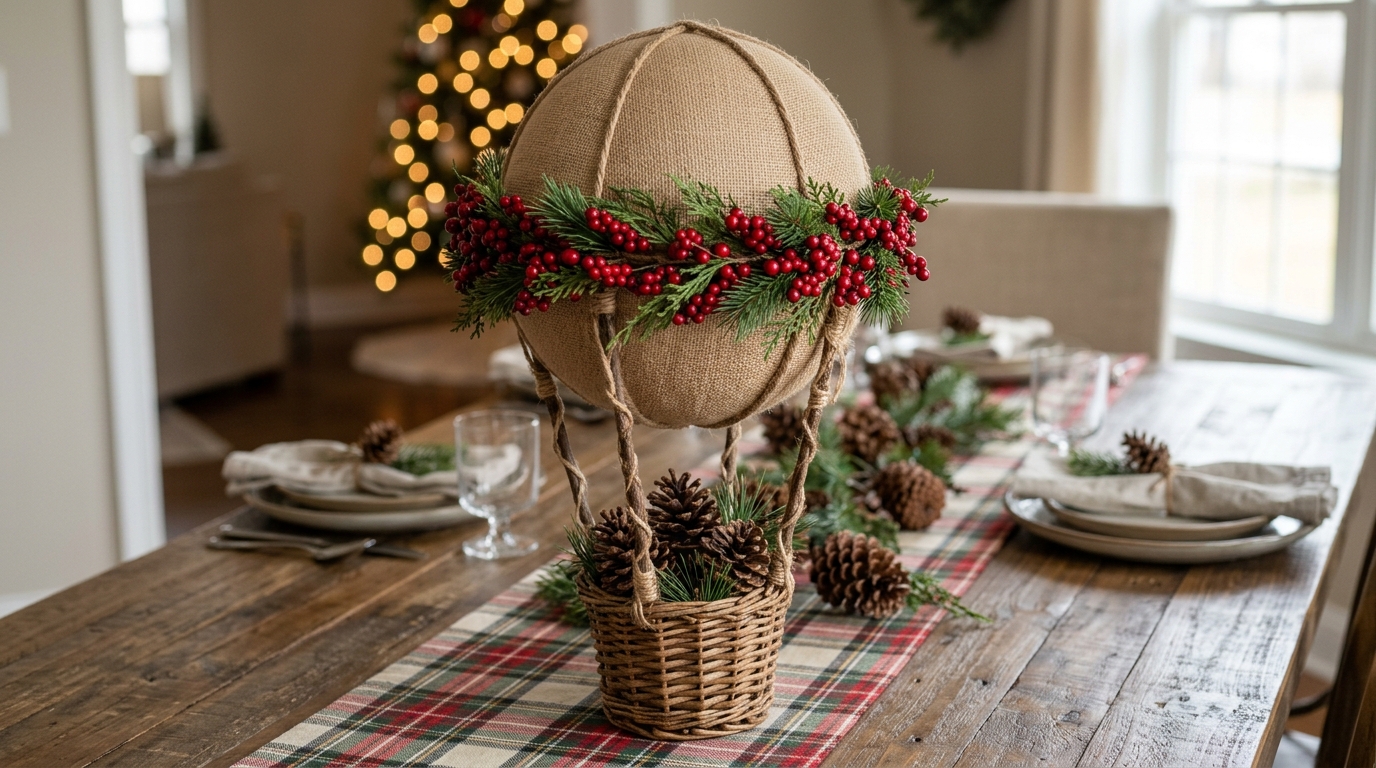 Burlap covered balloon centerpiece with red berries over a basket of pine cones