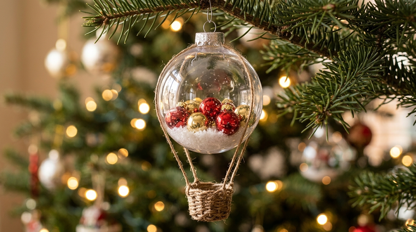 Clear fillable ornament filled with mini ornaments and a tiny twine basket