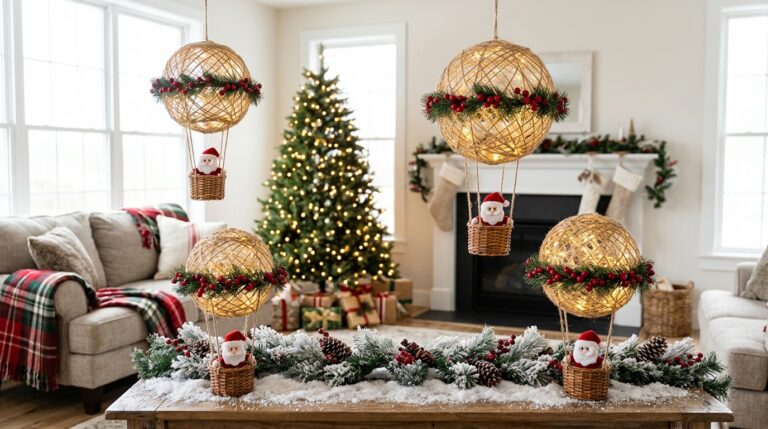 Christmas hot air balloon decorations made of jute twine with Santa riders in woven baskets