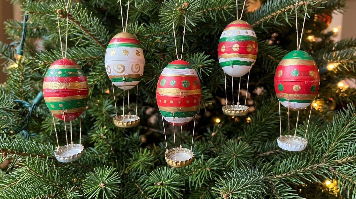 Tiny Christmas hot air balloon ornaments made from painted plastic eggs on a tree
