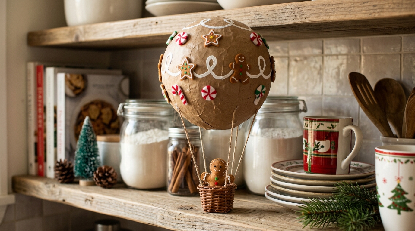 Christmas hot air balloon decorated like gingerbread with felt cookies on a kitchen shelf