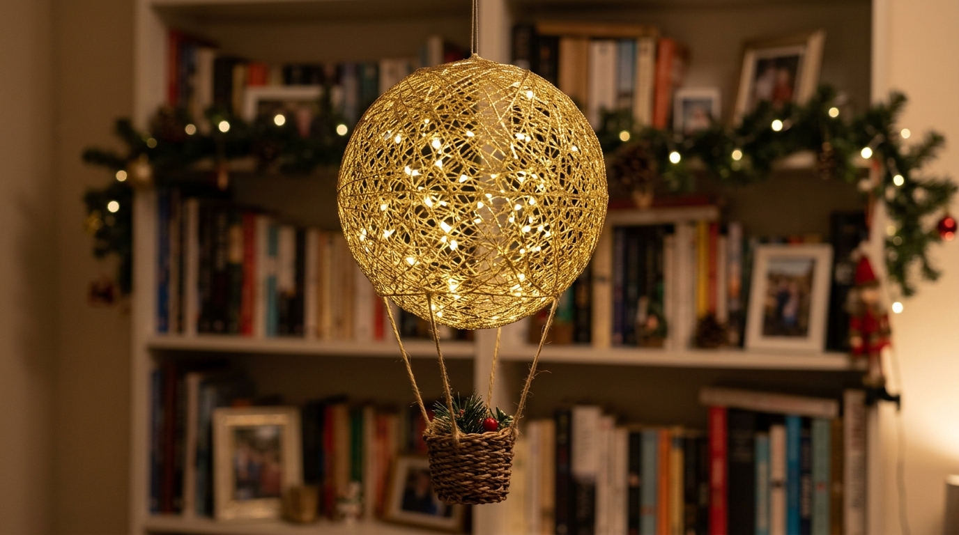 Christmas hot air balloon of gold string glowing with LED fairy lights by a bookshelf