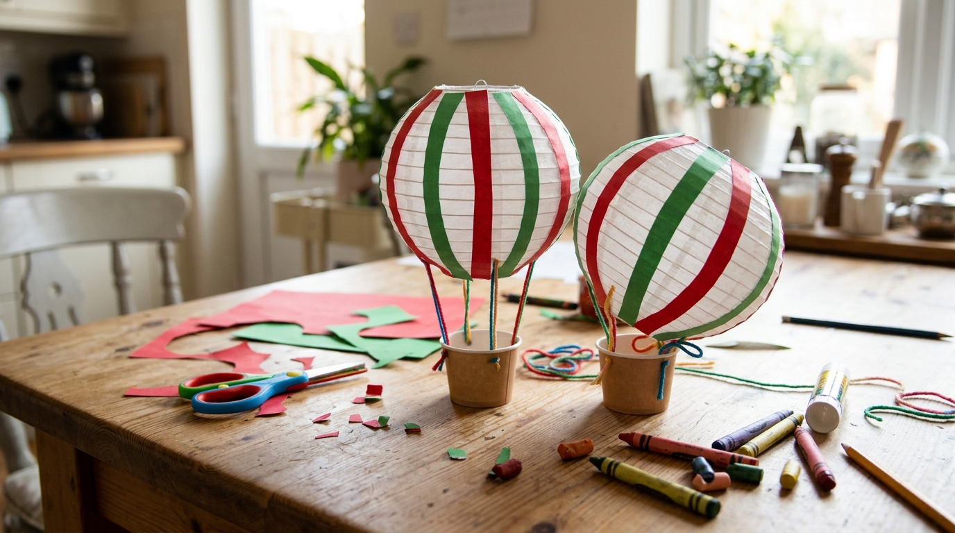 Christmas hot air balloon kids craft made from paper lanterns and paper cups