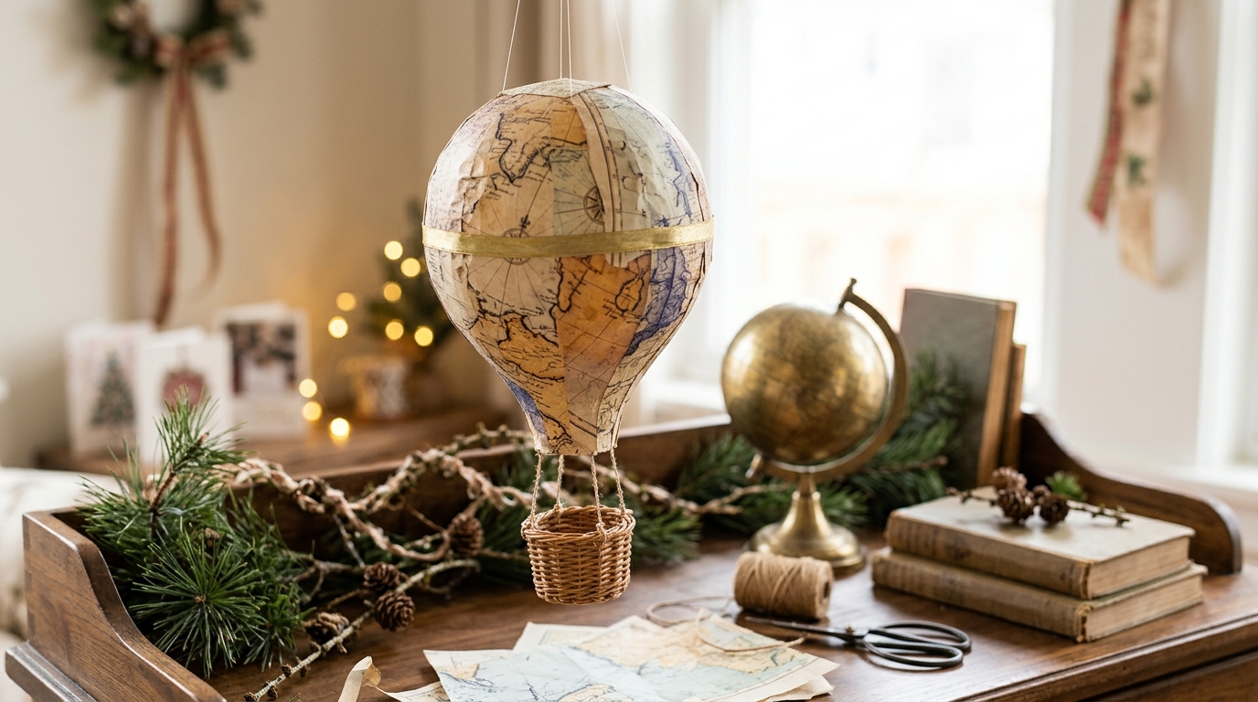 Balloon covered in vintage map paper hanging over a wooden desk with pine