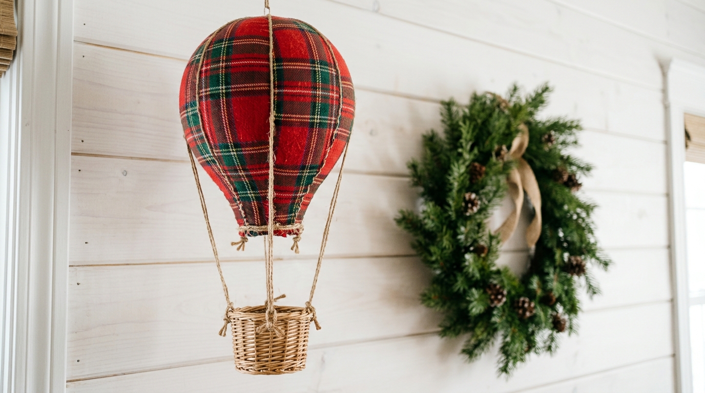 Red and green plaid fabric balloon with a wicker basket on a white shiplap wall