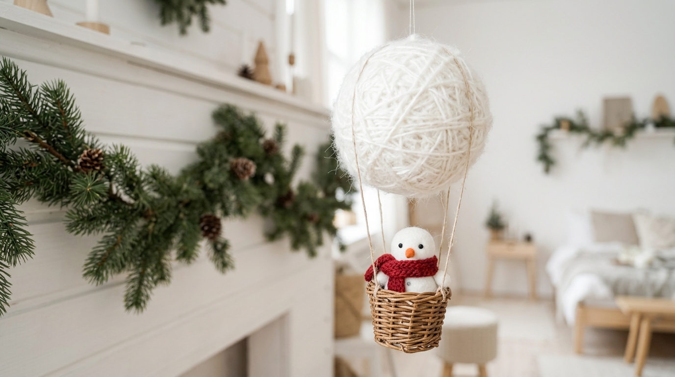 White yarn balloon with a felt snowman in a red scarf riding in the basket