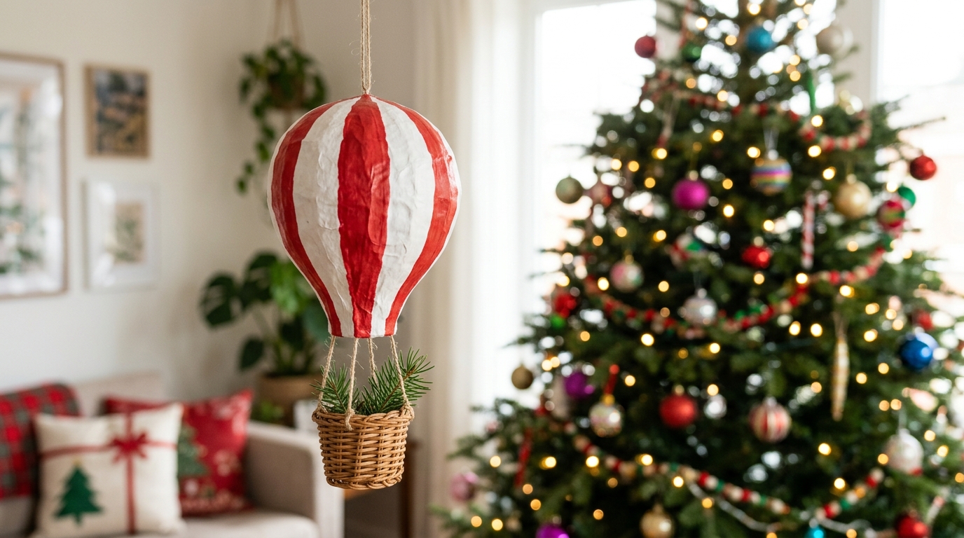 Red and white striped paper mache balloon hanging beside a decorated tree