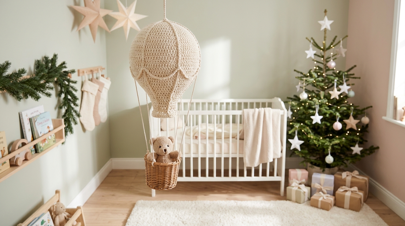 Christmas hot air balloon of cream yarn with a teddy bear in a nursery