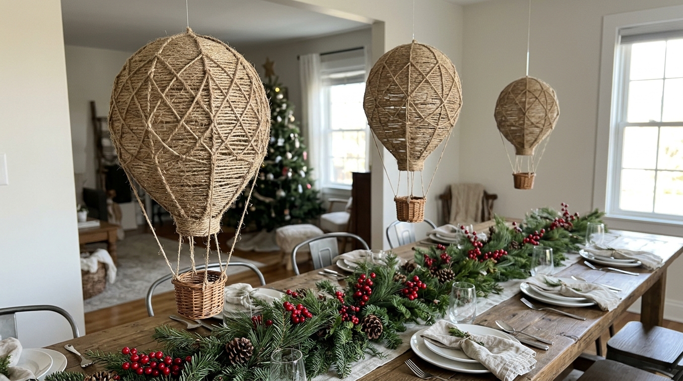 Three twine balloons of different sizes hanging above a Christmas dining table