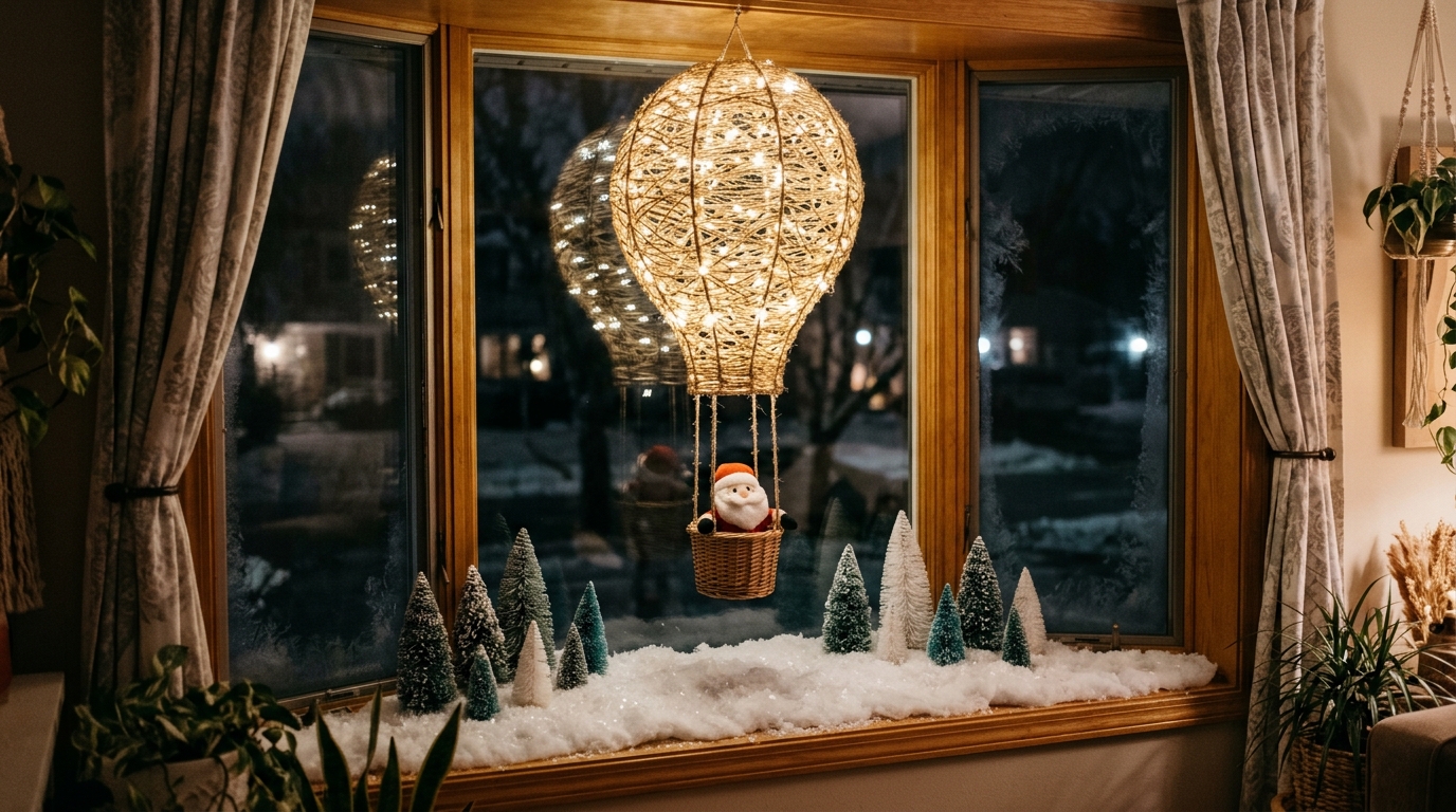Twine balloon glowing with LED lights in a front window with faux snow