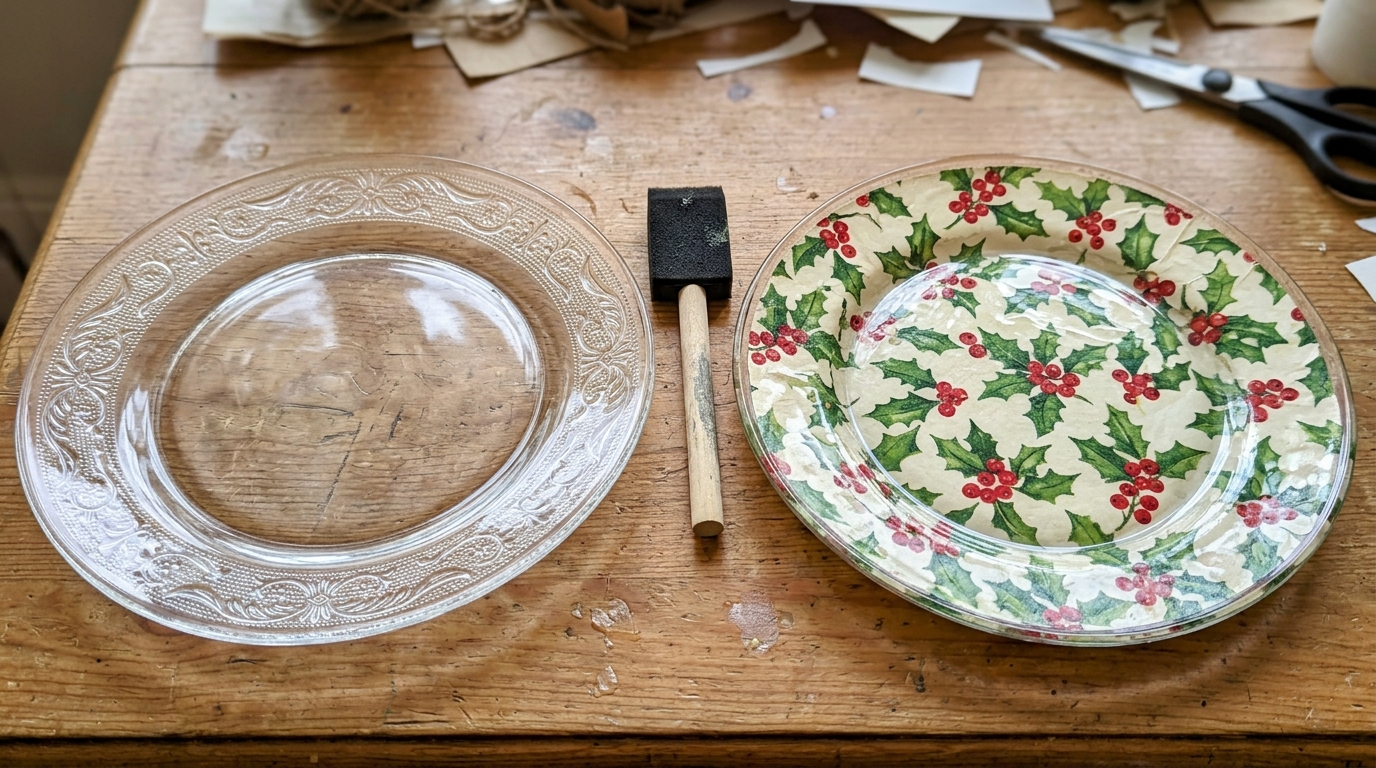 Decoupage Christmas plates before and after, a plain thrift glass plate beside a holly plate
