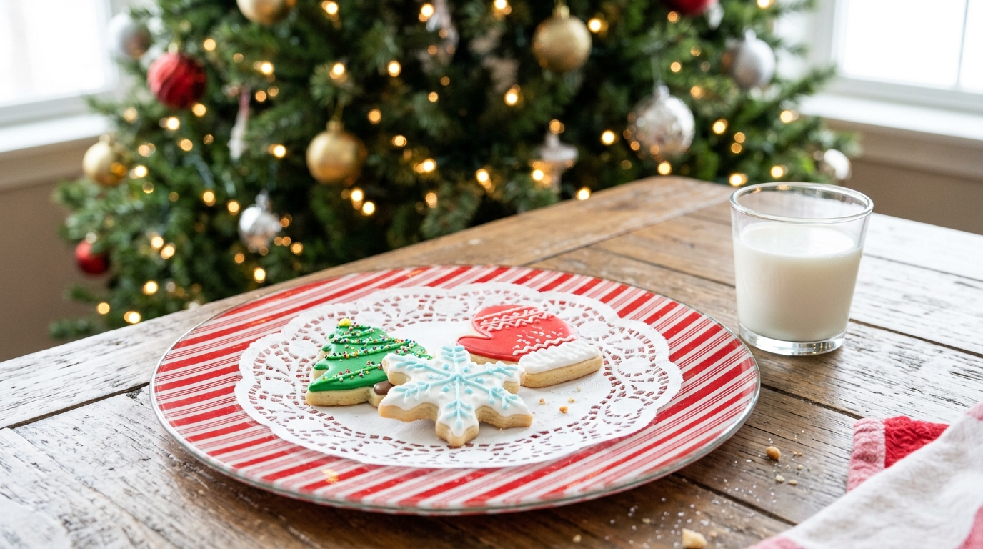 Candy cane pattern display plate with cookies resting on a paper doily