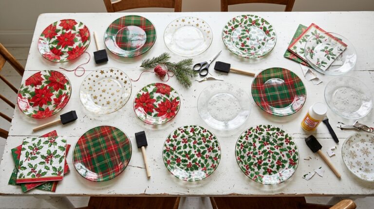 Decoupage Christmas plates in holly, plaid and poinsettia patterns spread across a white table