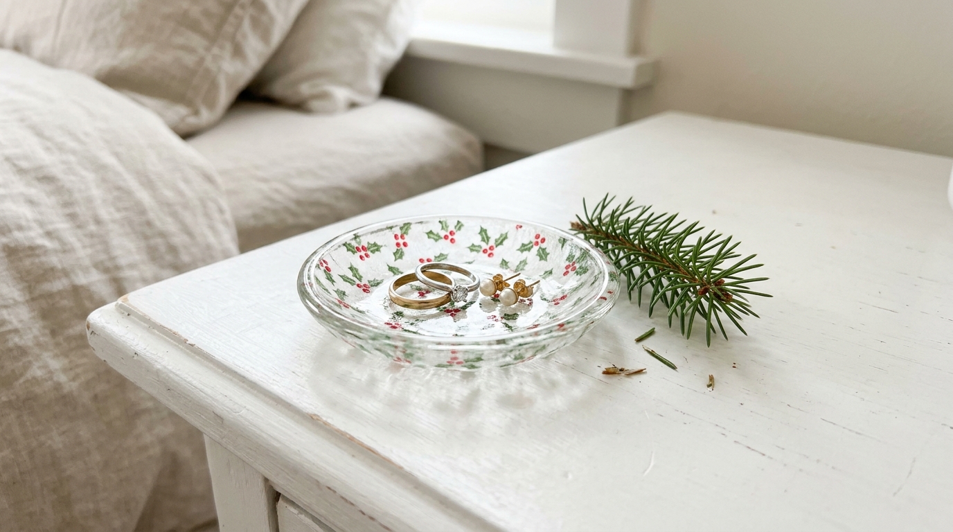 Small holly pattern trinket dish holding rings and earrings on a nightstand