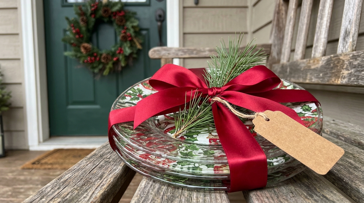Decoupage Christmas plates tied with a red ribbon as a gift on a porch bench