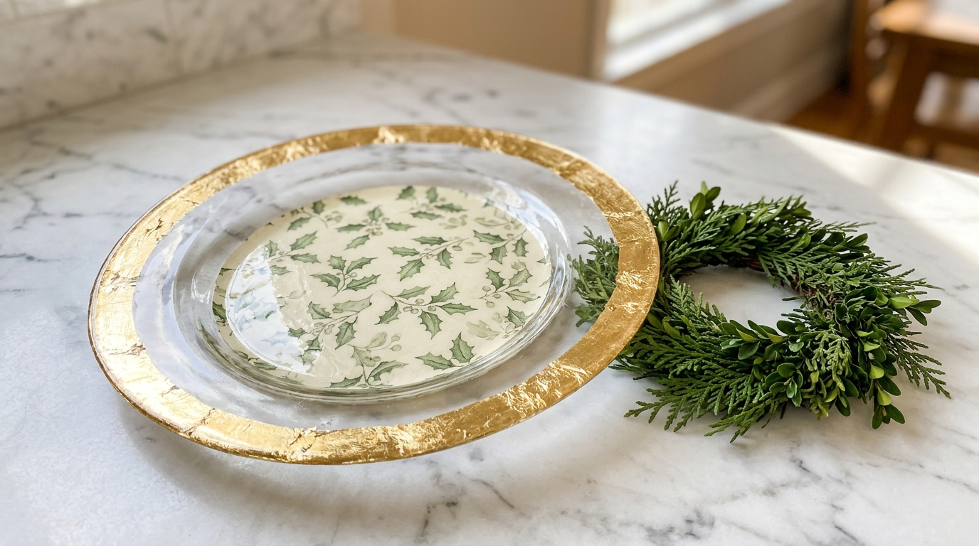 Holly pattern glass plate with a shiny gold leaf border on a marble counter