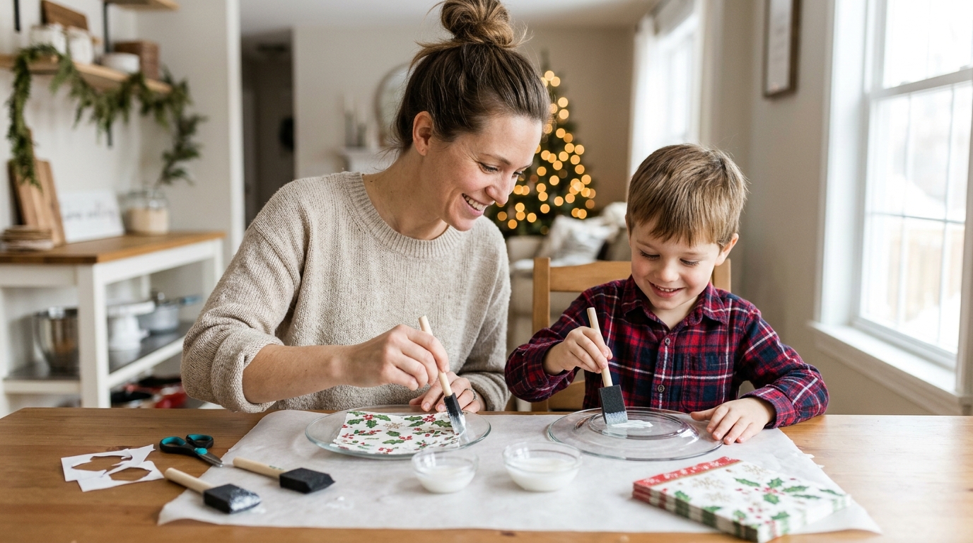 Mother and young son brushing glue on the back of a napkin covered glass plate