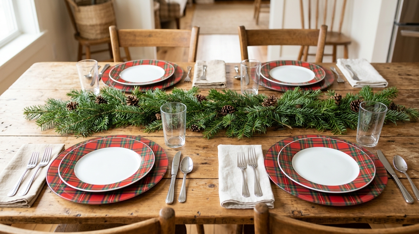 Red and green tartan plaid glass chargers set on a farmhouse dining table