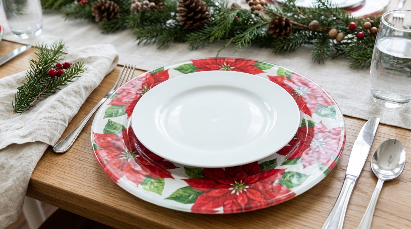 Decoupage Christmas plates idea, a red poinsettia charger under a white dinner plate