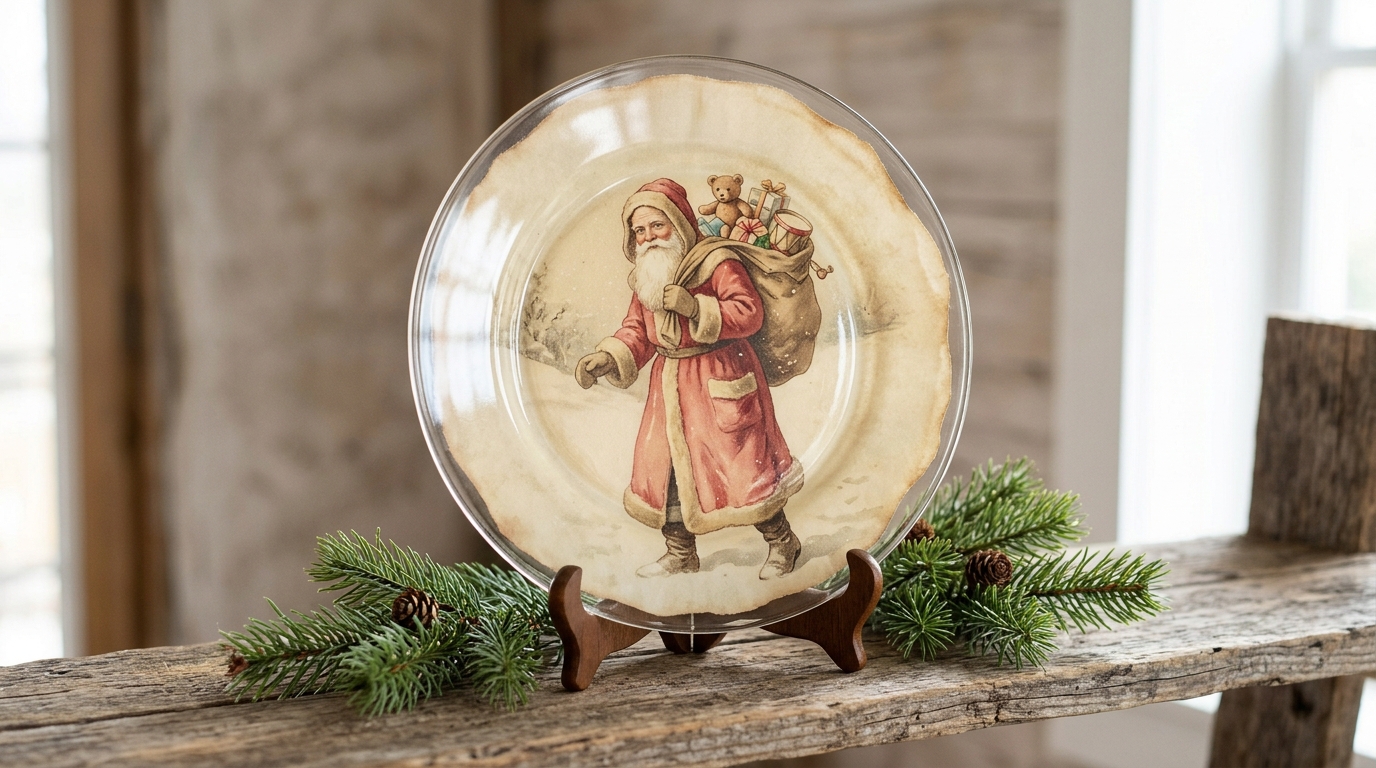 Glass plate with a vintage Santa illustration standing on a wooden plate stand