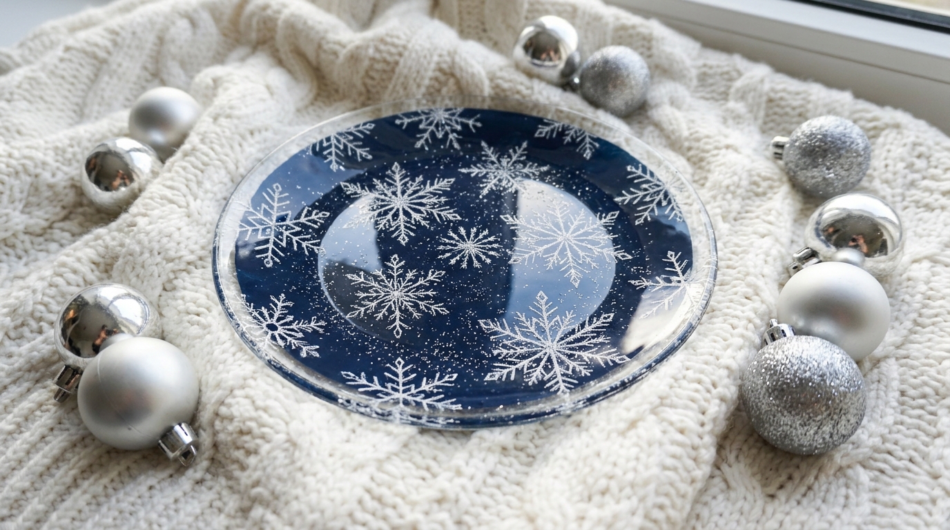 Decoupage Christmas plates with navy snowflakes and silver glitter on a white knit blanket
