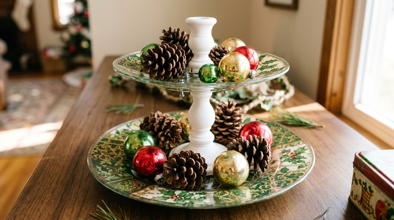 Two tier stand made from green and gold plates holding ornaments and pine cones