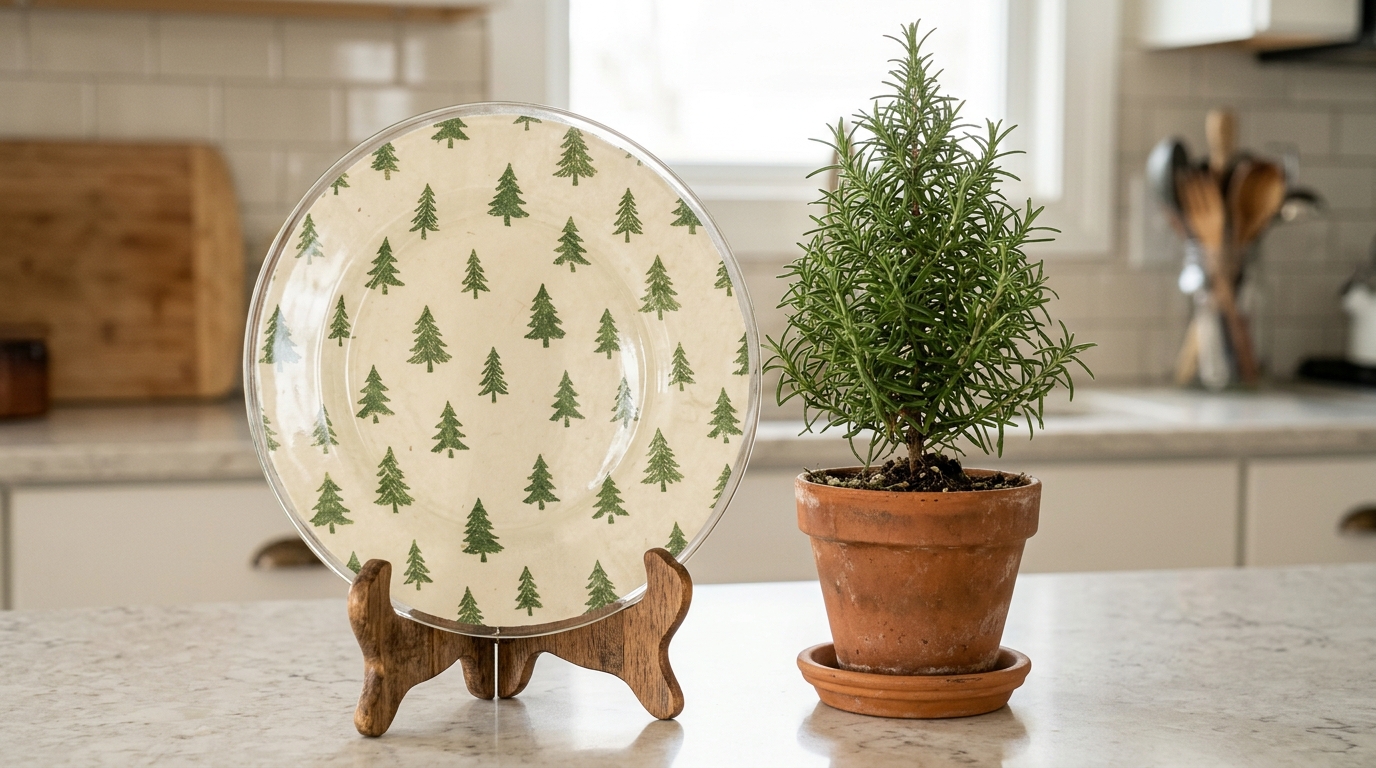 Cream plate with a pattern of little green trees next to a potted rosemary