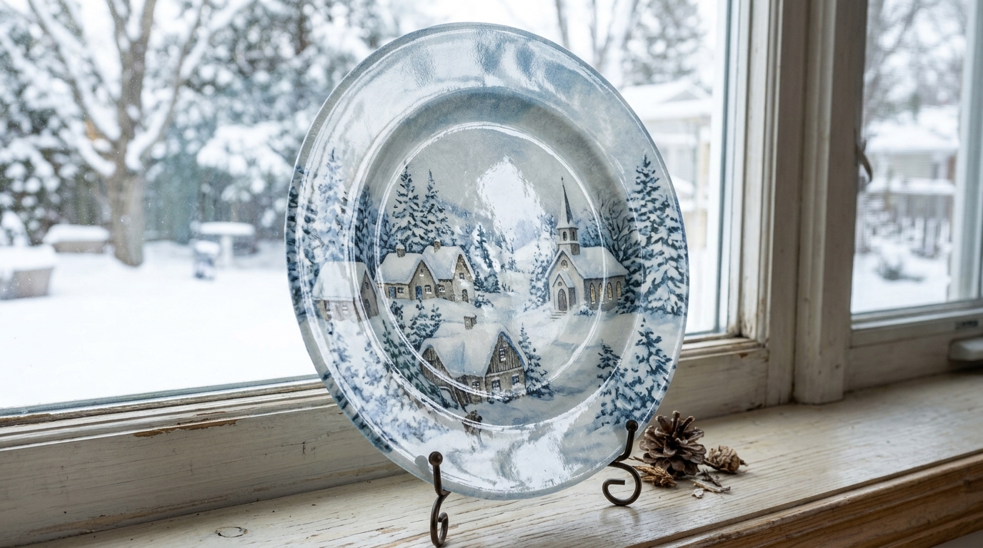 Blue and white snowy village scene plate on a windowsill